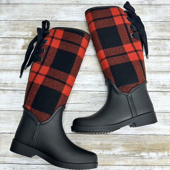 Coach Woman’s Tristee Rain Red/Black Buffalo Plaid Fleece-Lined Boots Size 6B - Picture 8 of 12